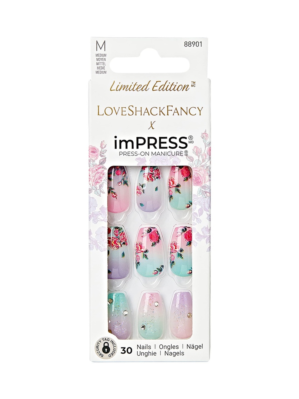 LoveShackFancy Press-On Nails — Pink, Mint, Lilac Floral Ombre
